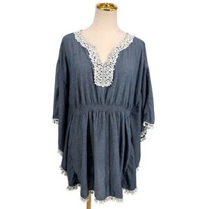 Resortwear Beach Cover Up 16 Blue Chambray Crochet Pom Pom Trim Vacation Coastal
